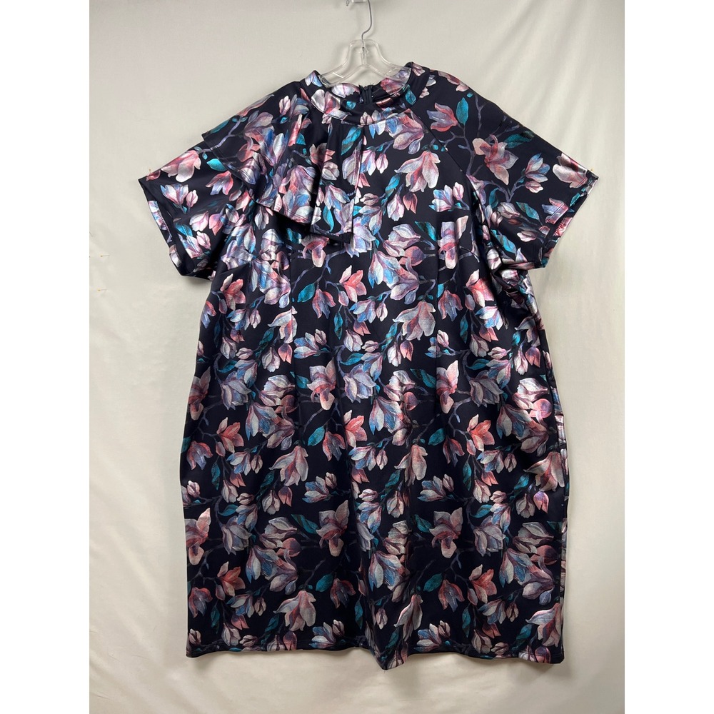 Ashley Stewart Floral Sheath Dress Women 34/36 Navy Pink Metallic Ruffle Mock